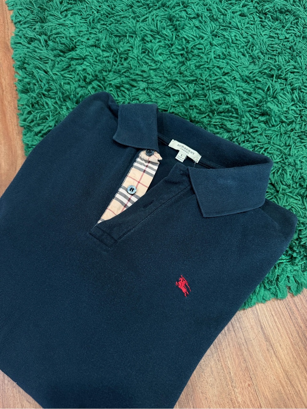Burberry - Black Polo - Check Placket Red Knight - Size L - Preowned